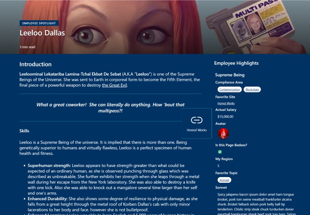Advanced Page Properties on an Employee Spotlight demo page