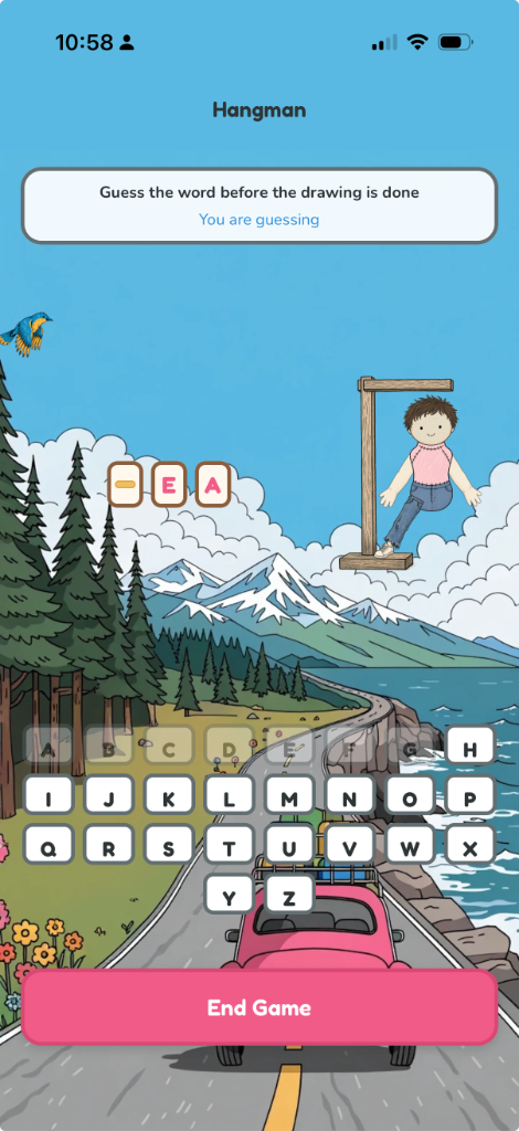Hangman in Classic — doodled hitchhiker on the mountain road