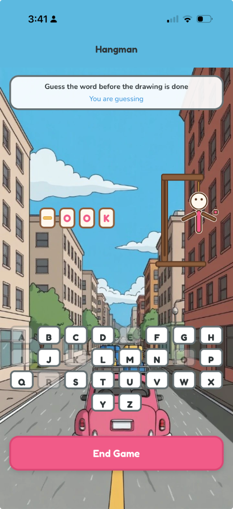 Hangman mid-game — hitchhiker drawing and cream road-dash letter tiles