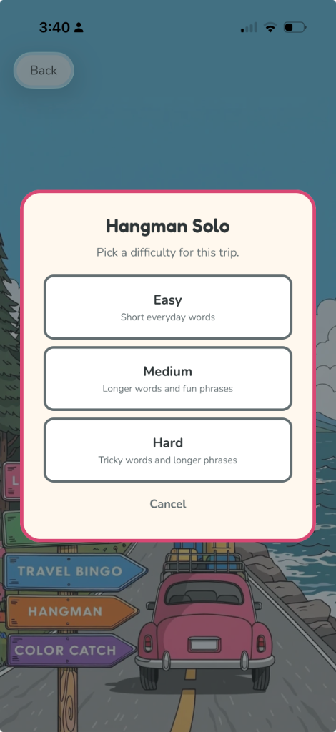 Hangman Solo — pick Easy, Medium, or Hard for this trip