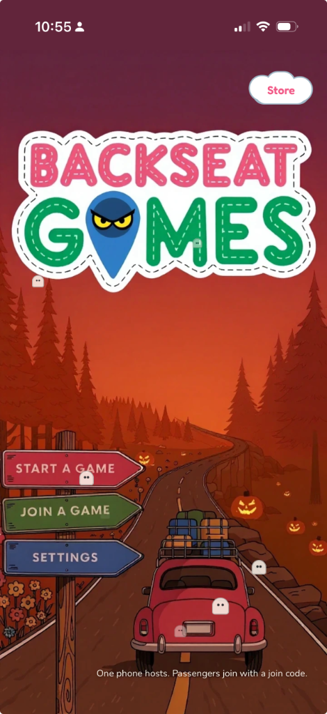 Halloween start screen — dusk roadside, jack-o’-lanterns, and a ghost in the pin