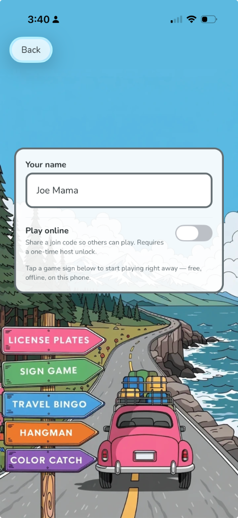 Host hero with all five game signs — License Plates, Sign Game, Travel Bingo, Hangman, Color Catch