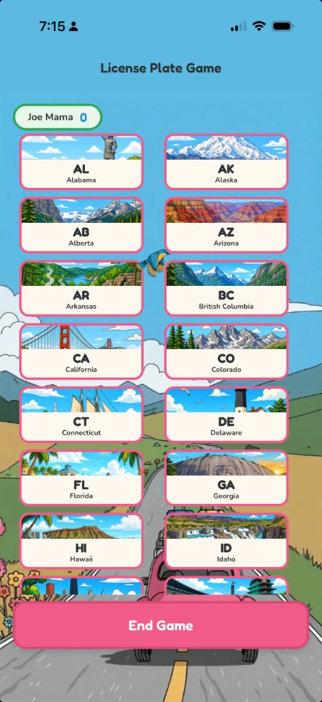 Backseat Games License Plate Game card grid