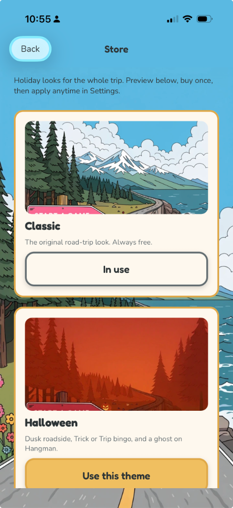 In-app Store — Classic (always free) and Halloween as a separate unlock