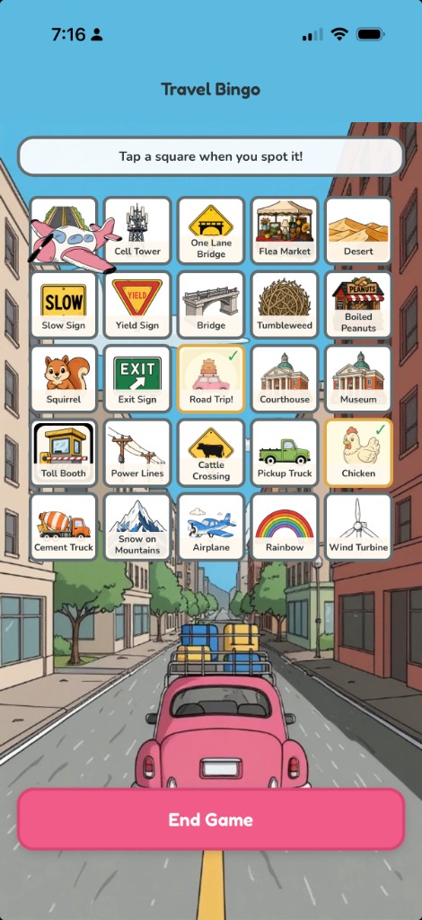 Backseat Games Travel Bingo with delight visuals