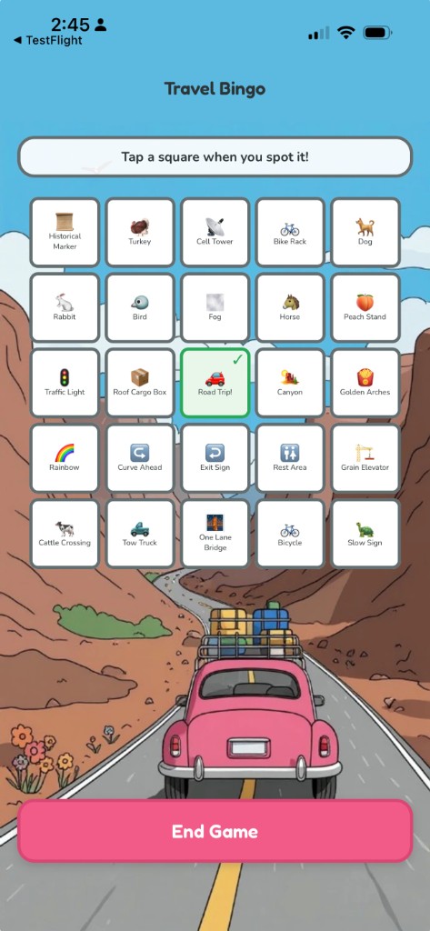 Travel Bingo with custom sprites — canyon road background
