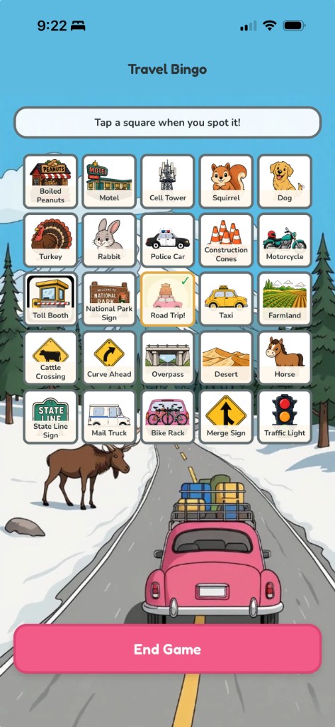 Travel Bingo with custom sprites — snowy road background