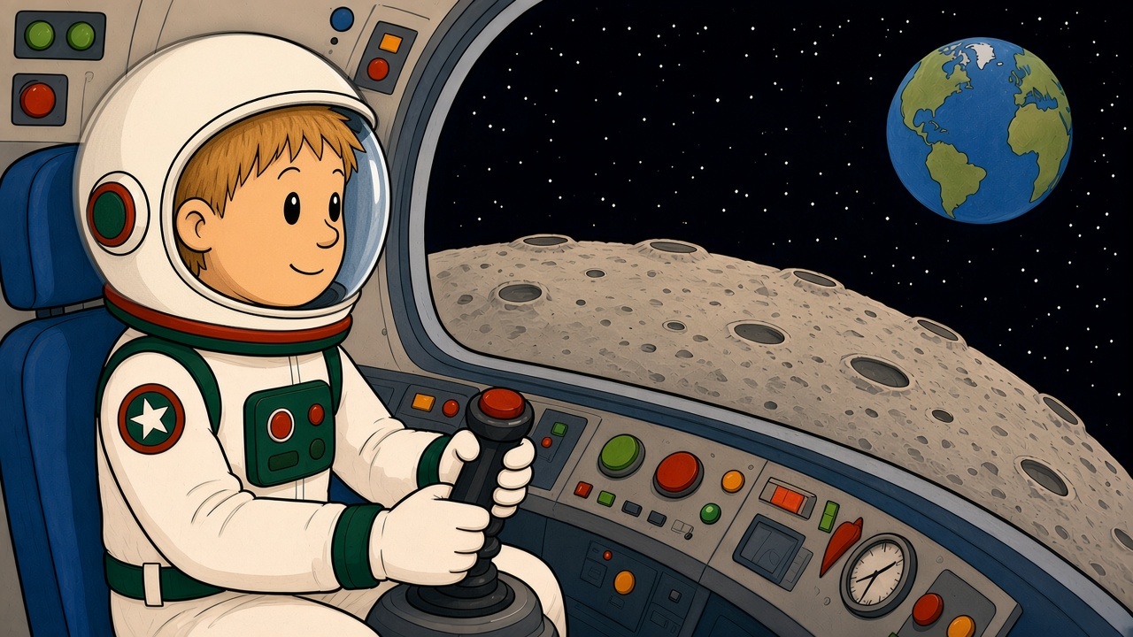Astronaut Barry piloting a moon landing with Earth out the window (AI-assisted composite, approved by me)