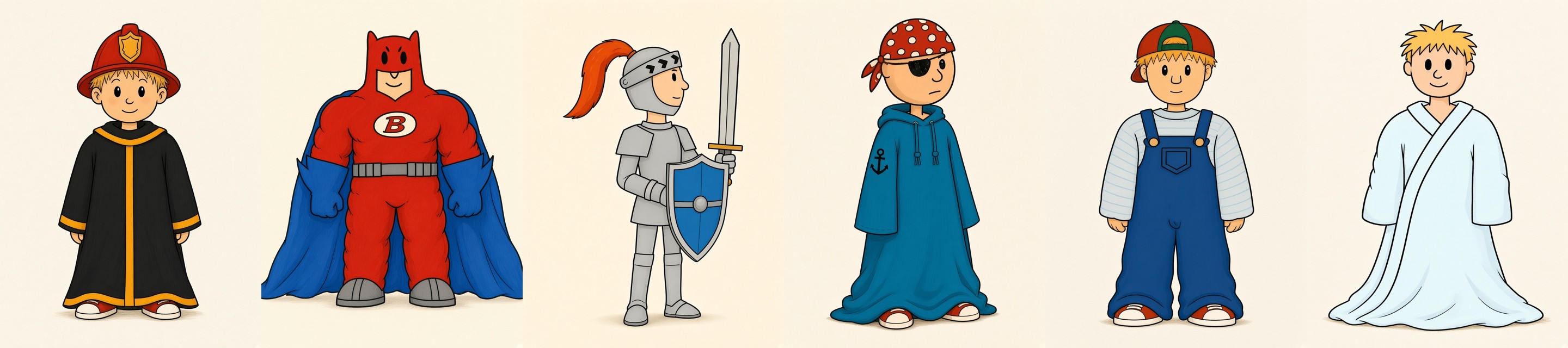 Six approved outfits — firefighter, hero, knight, pirate, overalls and bedtime (AI-assisted, approved by me)