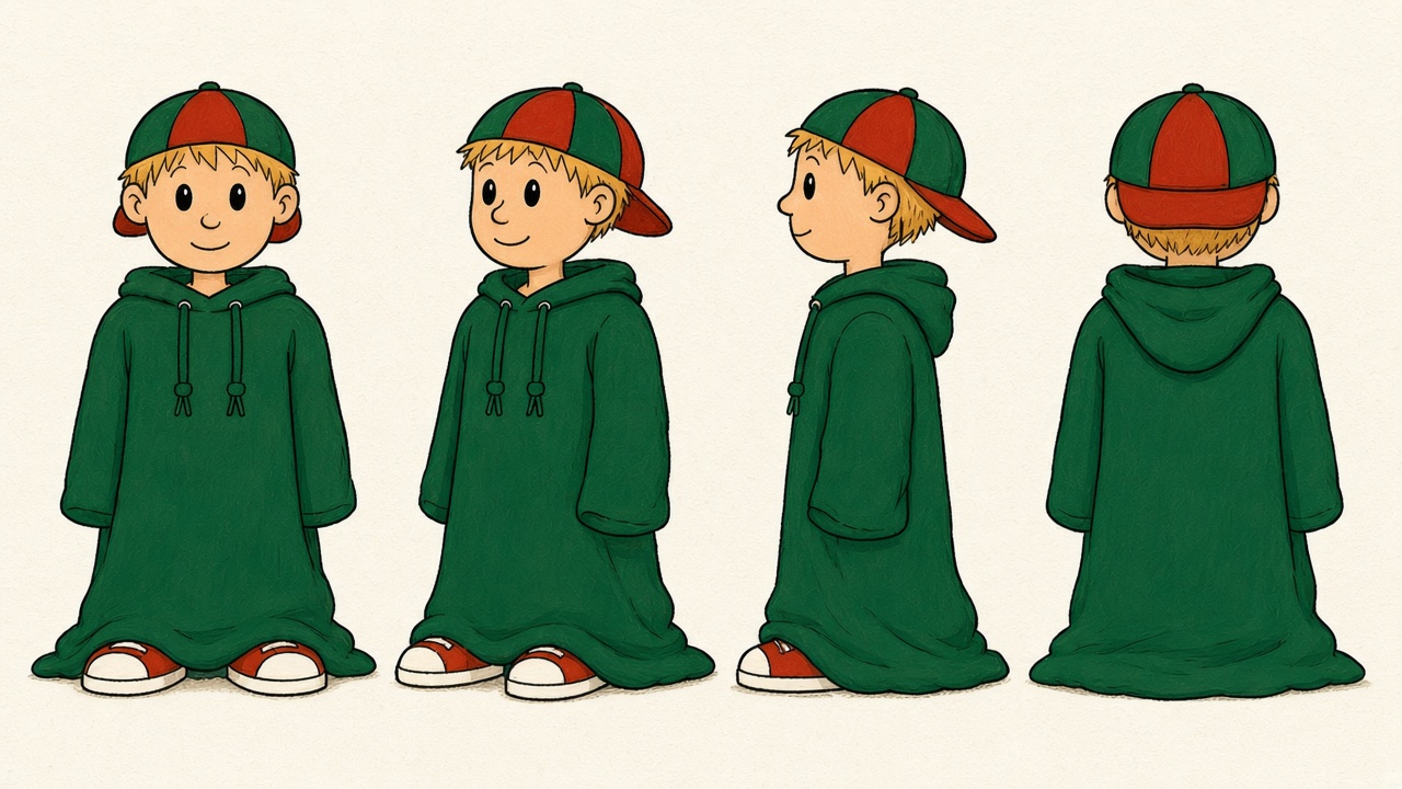 Turnaround sheet — Barry in his oversized hoodie from the front, side and back (AI-assisted from my book pages, approved by me)