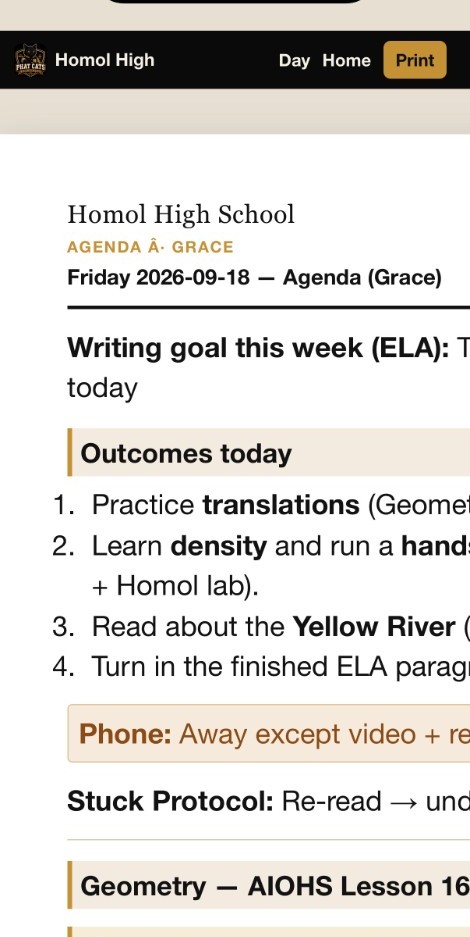Grace’s Friday agenda — outcomes, Stuck Protocol, AIOHS Geometry + Khan video