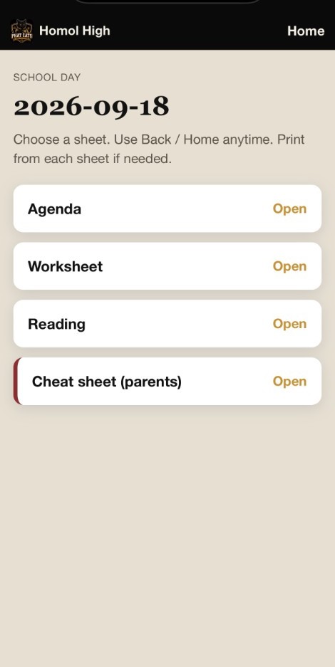 Day hub — Agenda, Worksheet, Reading, and parent-only Cheat sheet