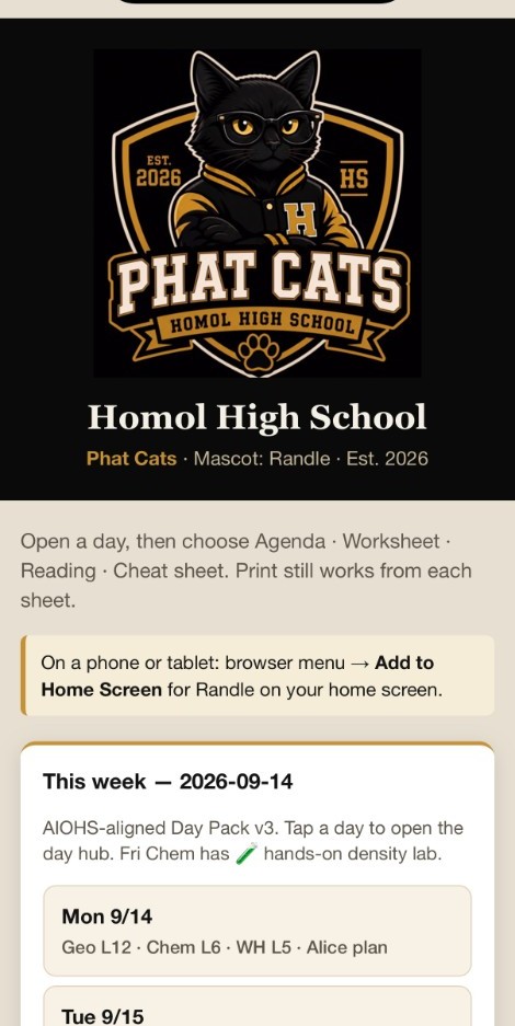 Phat Cats school hub — Randle crest, week of 9/14 day list