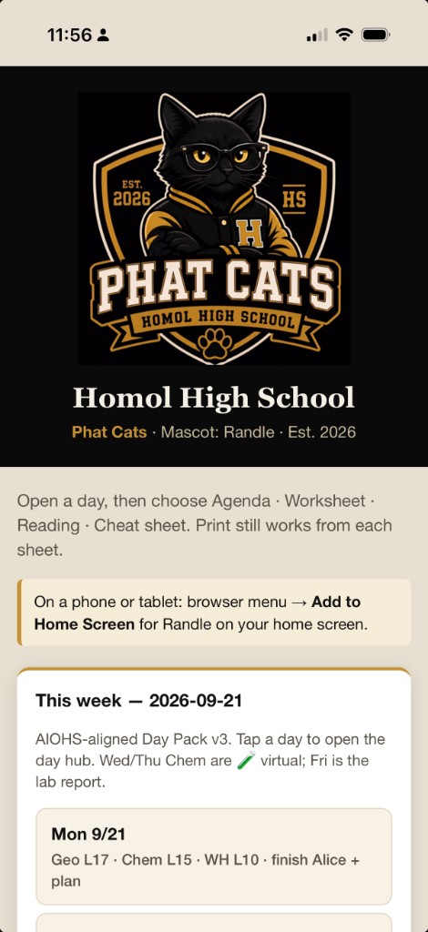 Phat Cats school hub — week of 9/21 on the home screen