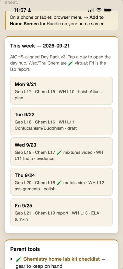 This week — 2026-09-21 day list with Geo, Chem, WH, and ELA