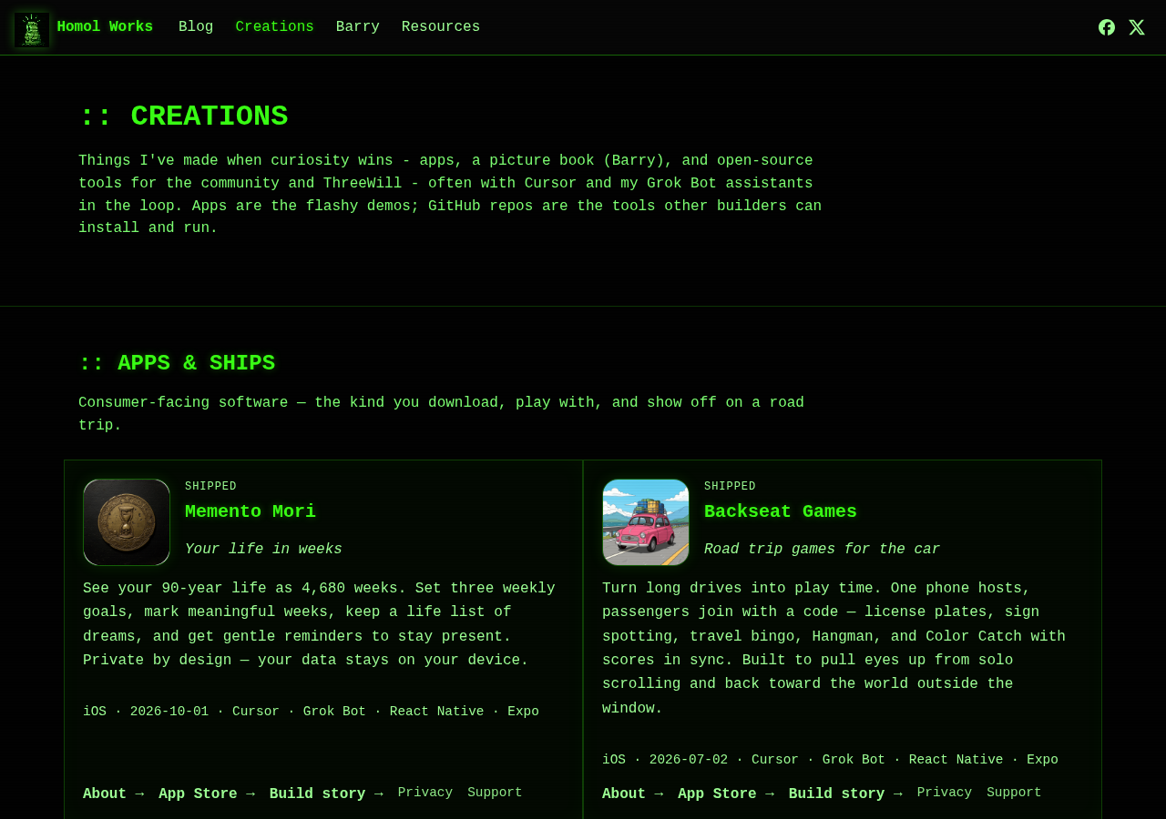 Creations — apps and ships up top, open-source tools below