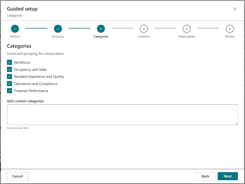 Guided setup — scorecard categories