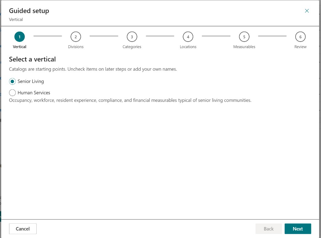 Guided setup — select a vertical (Senior Living selected)