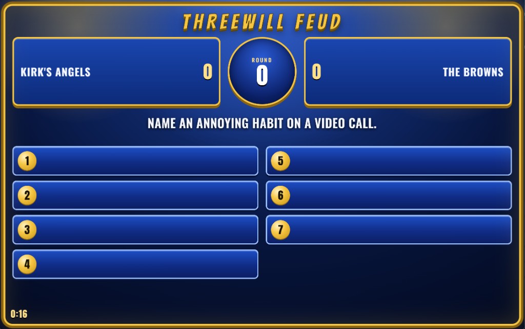 Audience question — the room sees the prompt, numbered slots, and clock
