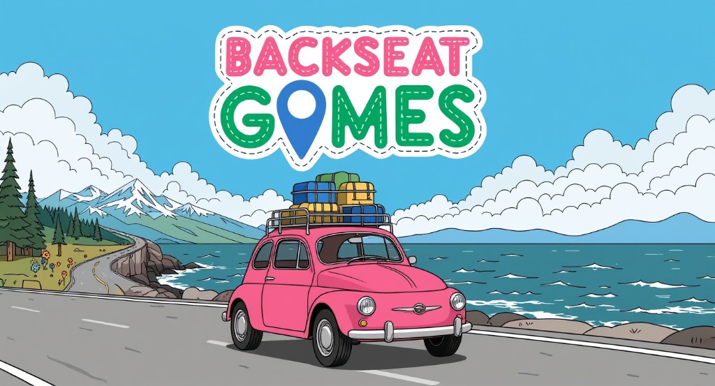 Backseat Games — a pink road-trip car driving along the coast