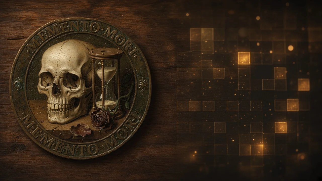 Memento Mori coin with a skull and hourglass beside a glowing grid of weeks - open the Memento Mori page