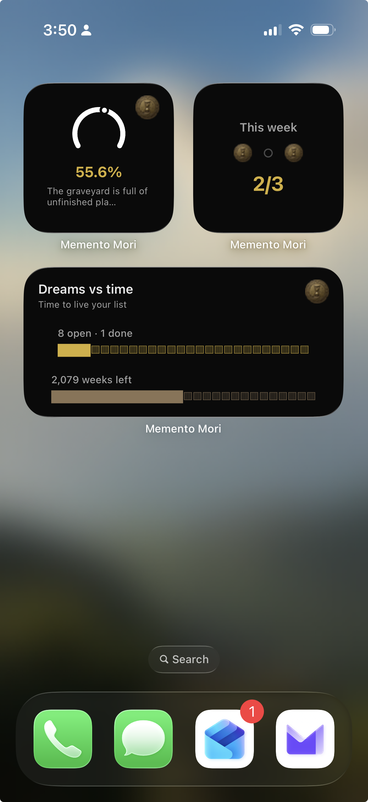 Memento Mori Home Screen widgets — life progress ring, weekly goals with coin markers, and Dreams vs time