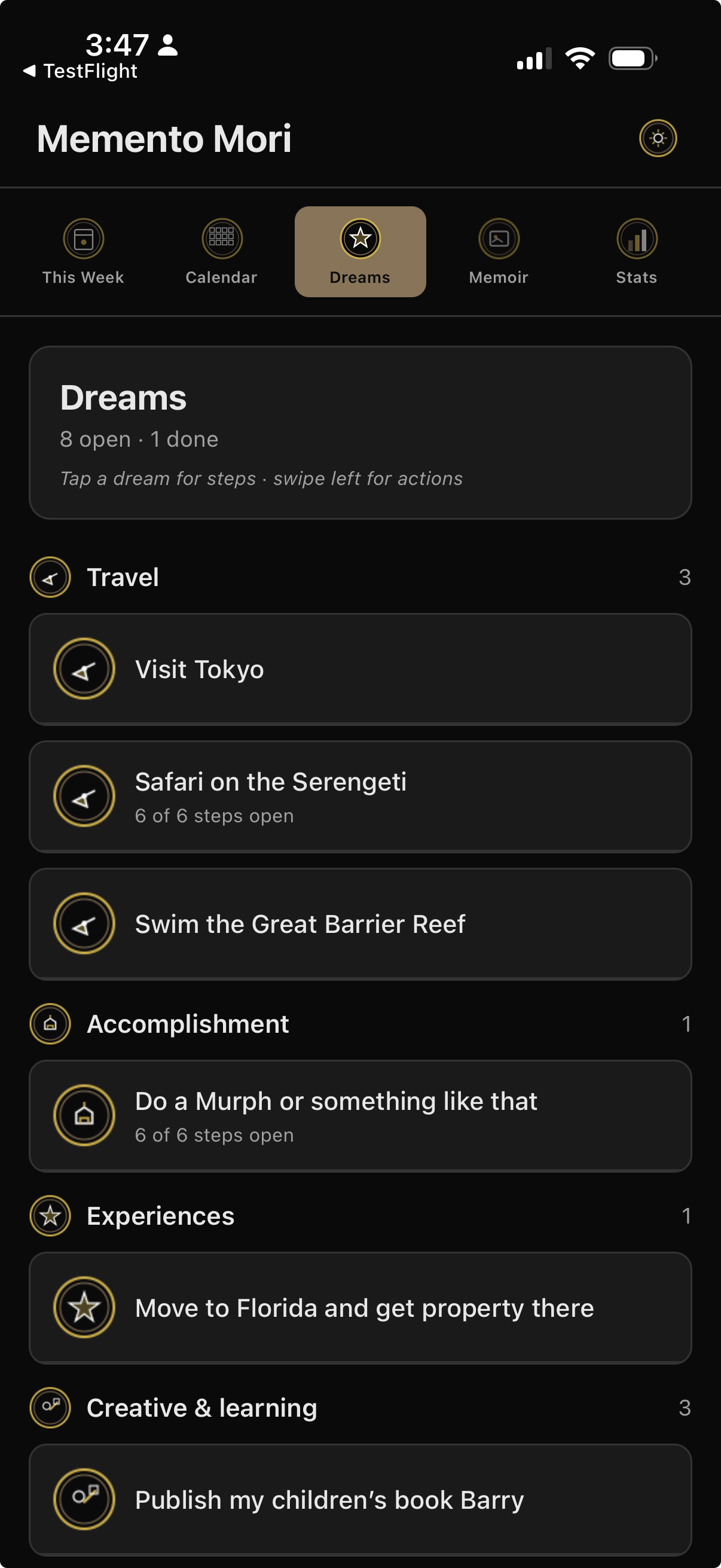Dreams tab in Memento Mori — a life list organized by category