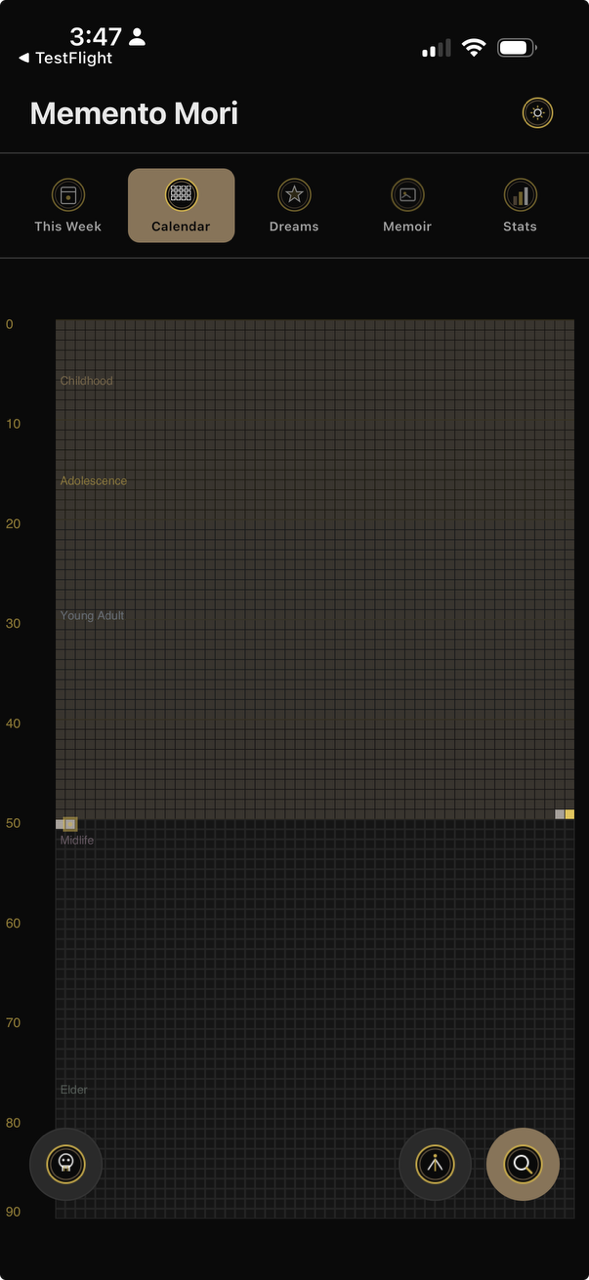 Memento Mori life calendar — a grid of 4,680 weeks from Childhood to Elder