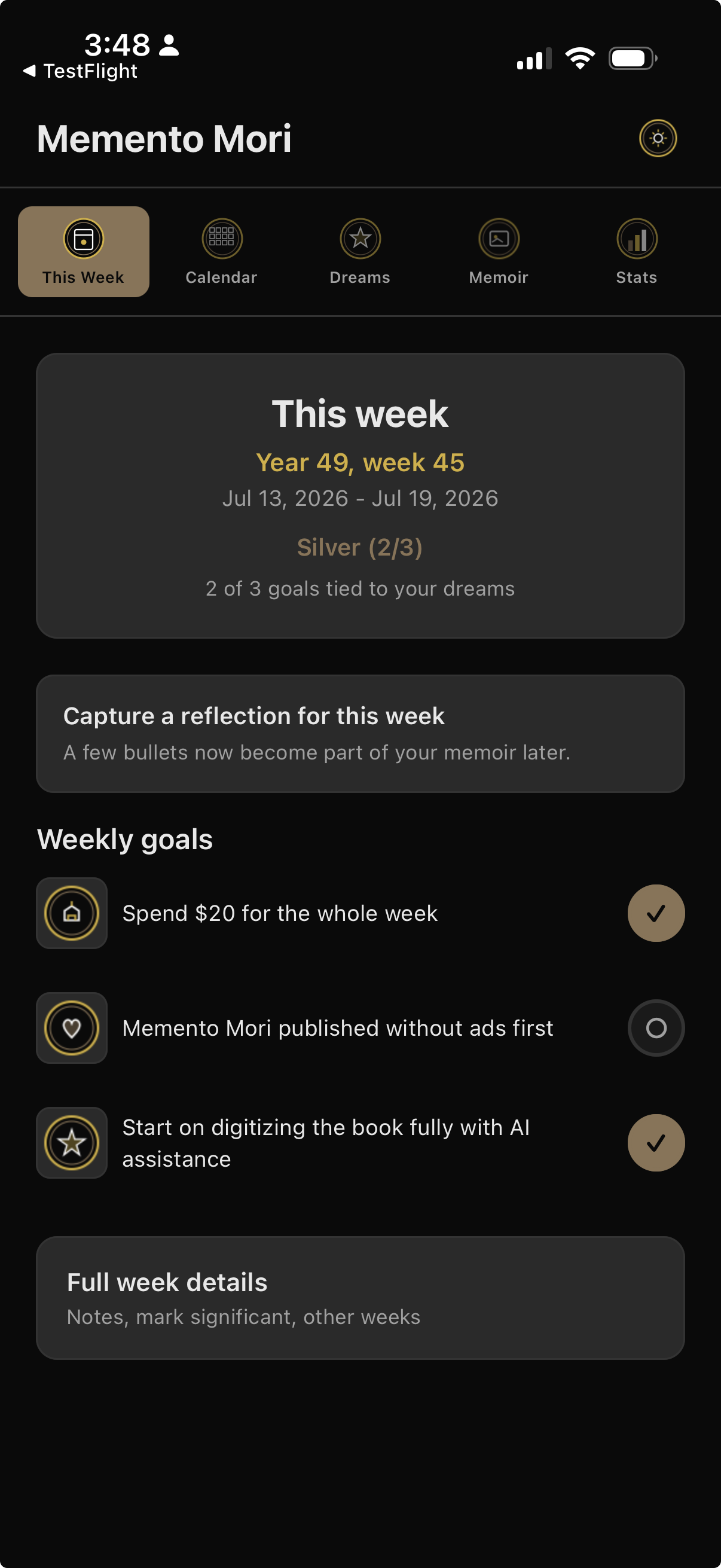 This Week tab in Memento Mori with three weekly goals and medal progress