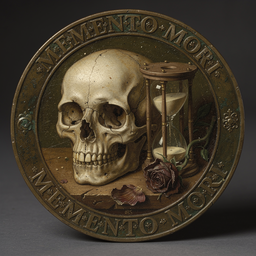 Memento Mori bronze coin — a skull, hourglass, and rose