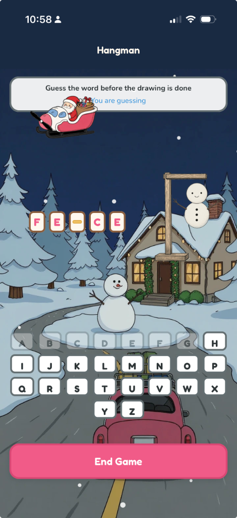 Hangman in the Christmas theme - a snowman figure, sleigh, and snowy house