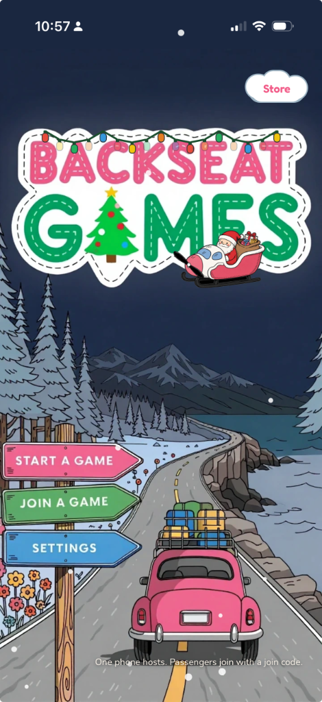 Backseat Games Christmas start screen - tree in the logo, droopy lights, sleigh, and snow